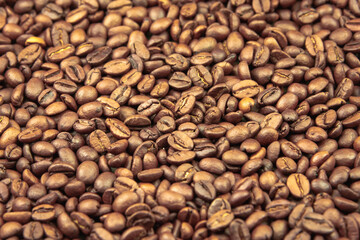 Unground coffee lies on the table in a dense layer.