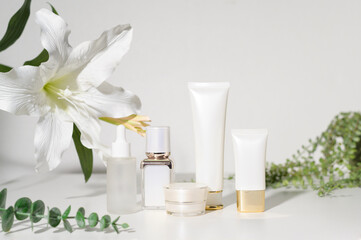Fototapeta na wymiar moisturizing cream bottle over leaf background studio, packing and skincare beauty concept