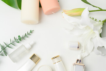 moisturizing cream bottle over leaf background studio, packing and skincare beauty concept