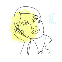 Linear drawing of a abstract female face with abstract spots on the background, one line.