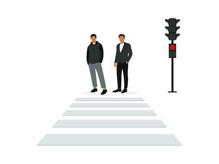 Two male characters stand in front of a pedestrian crossing at a red traffic light