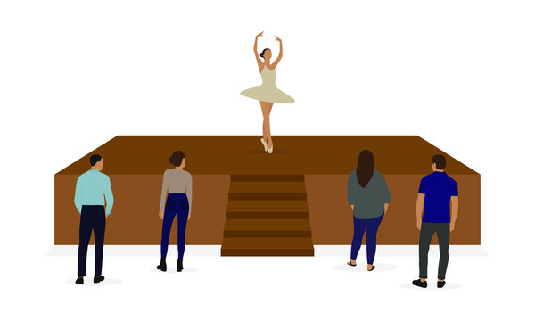 Group of male and female characters looking at a ballerina dancing on stage on a white background