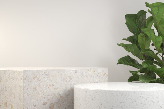 3d Rendering Minimal Mockup Step White Podium Pedestal, Tropic Plant Illustration Background