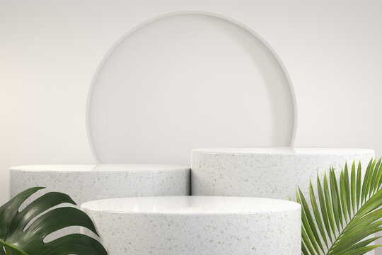 3d Rendering Step White Podium Display, Tropic Palm Monstera Abstract Background