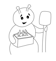 Caterpillar holds a shovel and a wooden box with garden bulbs. Outline on a white background cartoon hand drawn illustration