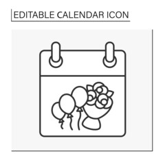  Reminder line icon. Romantic date. Planned event. Bouquet and balloons. Calendar concept. Isolated vector illustration. Editable stroke