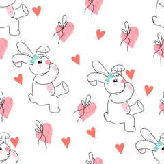 Seamless pattern with cute rabbit and pink hearts. Decorative repeatable background for easter or Valentine day and kids prints, vector hand drawn illustration on white.