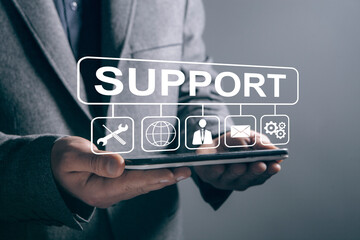 support inscription. online customer support. man holding a tablet