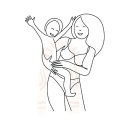 Mom with a child linear drawing, sketch, vector, motherhood.