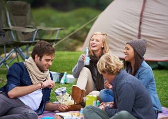 Having fun with the best of friends. A group of friends enjoying an outdoor picnic together.