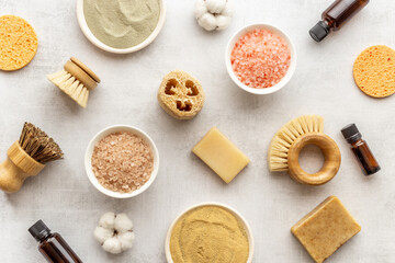 Flatlay of massage and spa products and accessories, top view