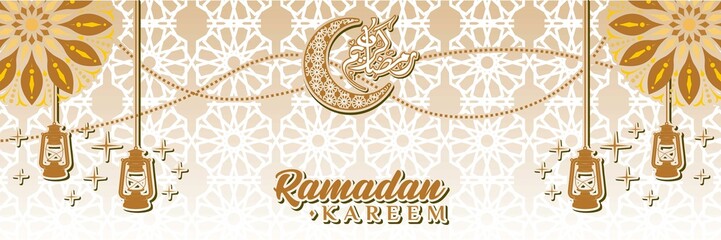 Ramadan Banner Template With Arabic Calligraphy Ramadan Kareem Translation (Happy Ramadan) With Crescent Moon Ornaments And Islamic Patterns