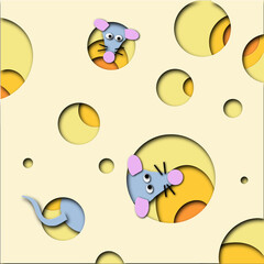 Paper cut deep style cheese with holes and mice