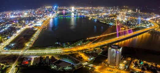 Fototapeta na wymiar Aerial view of Tran Thi Ly bridge which is a very famous destination of Da Nang city.