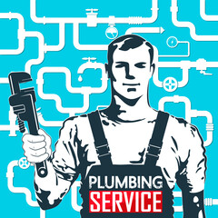 Plumber with a tool in his hand. Water pipe system. Repair and maintenance of plumbing and heating