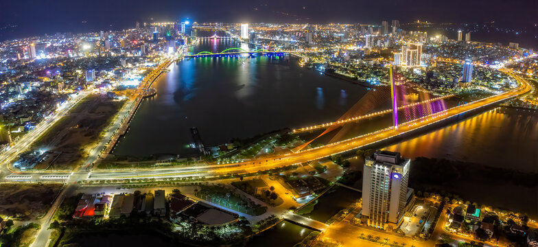 Aerial view of Tran Thi Ly bridge which is a very famous destination of Da Nang city.
