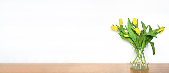Yelow tulips on white background with copy space. Banner for website. - obrazy, fototapety, plakaty