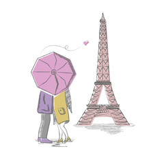 Fototapeta na wymiar Romantic couple kissing in Paris vector hand drawn illustration on white background. Love story in Paris with a lover couple. Romantic poster.