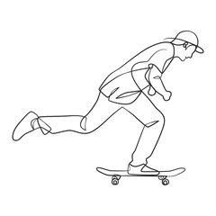 Tuinposter Continuous line drawing of man playing skateboard © hendripiss