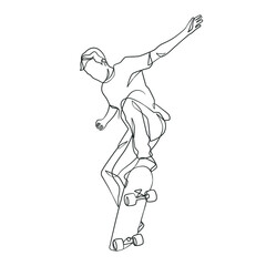 Continuous line drawing of man playing skateboard