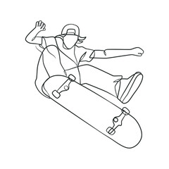 Continuous line drawing of man playing skateboard - obrazy, fototapety, plakaty