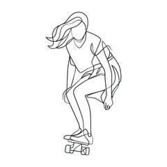 Fototapeta na wymiar Continuous line drawing of girl playing skateboard