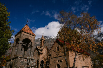 An old church in the Caucasus mountains in Georgia. Travel to Stepantsminda Kazbegi region. 