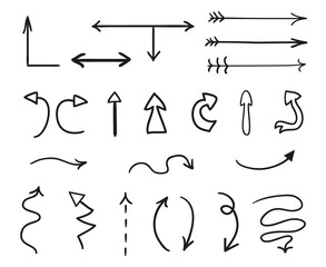 Hand drawn infographic elements on white. Abstract arrows. Line art. Set of different signs. Black and white illustration. Doodles for artworks