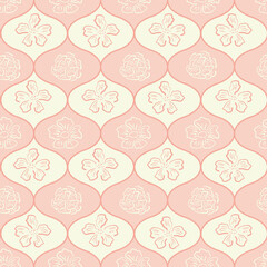 Wild meadow flower seamless vector pattern background. Modern floral line art backdrop with hand drawn outline flowers in ogee shaped frames. Elegant botanical pastel pink repeat for baby, wedding