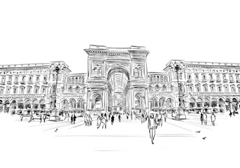 Naklejka premium Milan. Italy. Piazza del Duomo. Victor Emanuel II Gallery. Hand drawn sketch. Vector illustration.