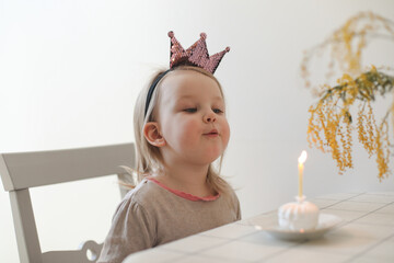 cute little girl blows out candle on a birthday cake at home. Child's birthday