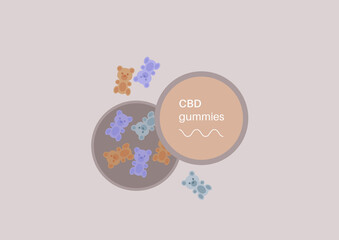 A round box with colorful pastel CBD gummy bear candies infused with legal recreational weed