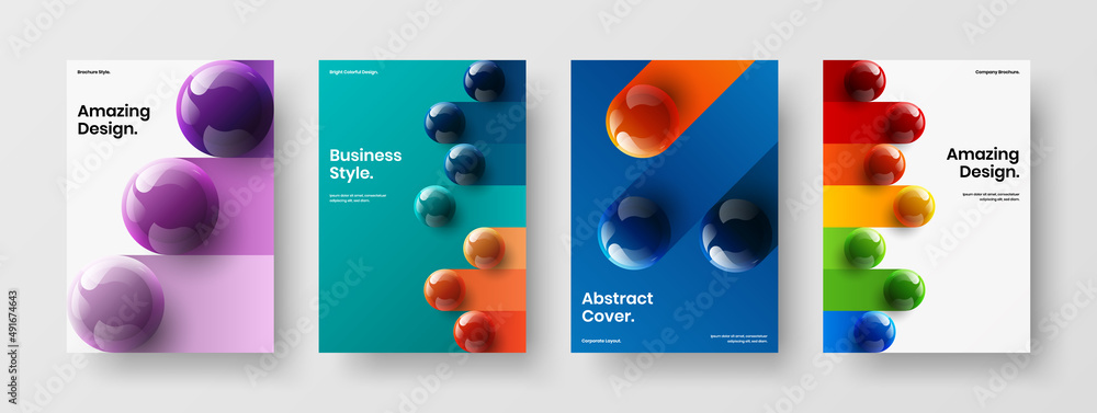 Poster colorful pamphlet design vector template composition. amazing 3d spheres front page layout collectio