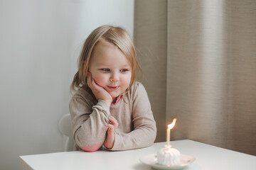 cute little girl blows out candle on a birthday cake at home. Child's birthday