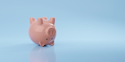 Upside down dead piggy bank with copy space. Bankruptcy concept. 3d illustration.