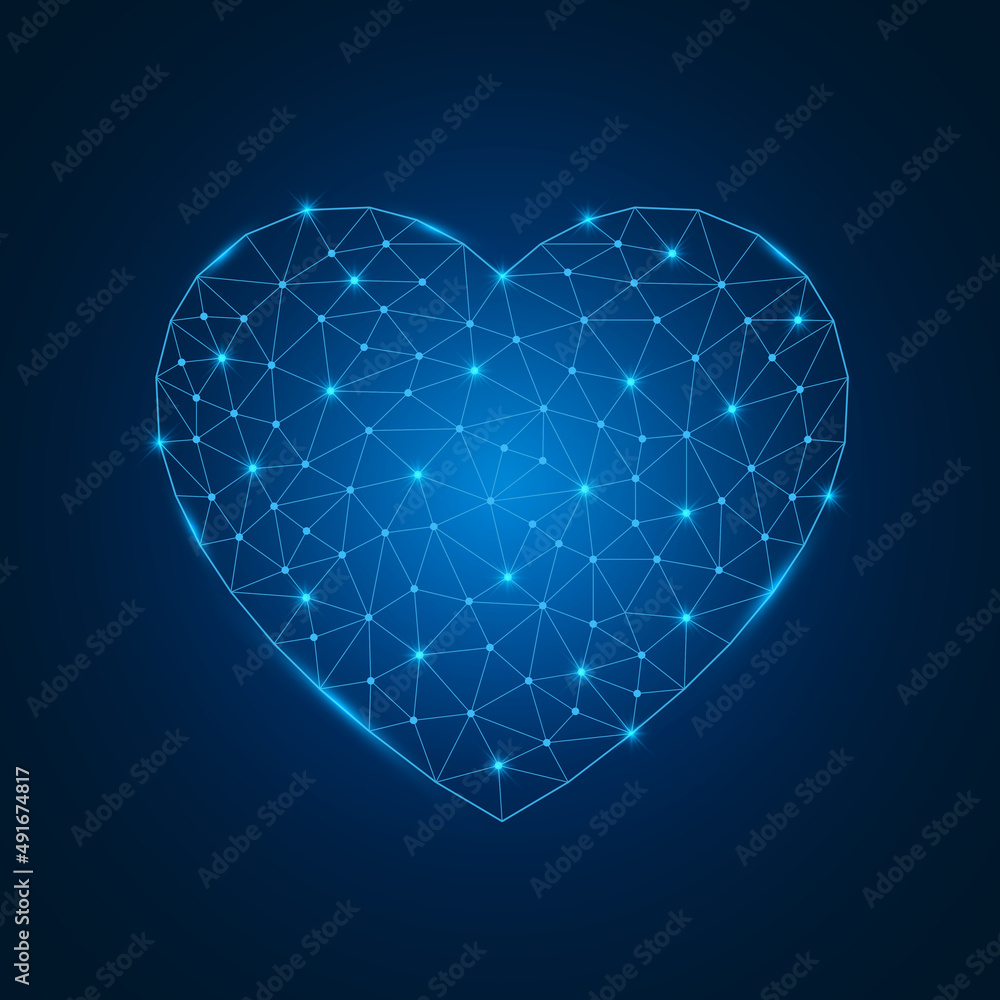 Poster heart shape with low poly glowing connected dots. futuristic heart symbol with triangular blue shape