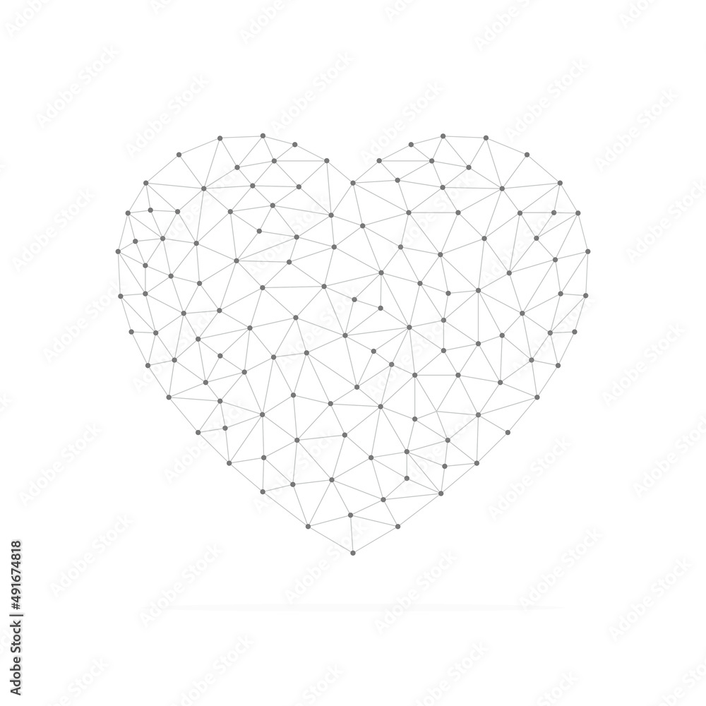 Poster heart shape with low poly black connected dots. heart symbol with gray triangular linear shapes. vec