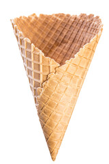 Big empty crispy ice cream waffle cone isolated on white background - 491675028