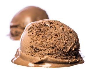 2 chocolate ice cream scoops isolated on white background placed one ball in front of the other