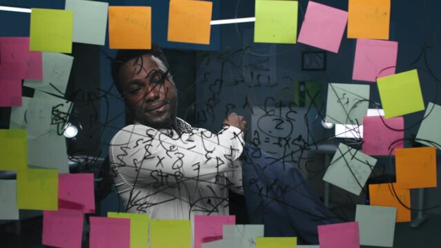 African-American businessman look at glassboard with notes and put on jacket going home