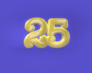 Golden Written 25 Years , Letter Foil Balloon, 3d render illustration letter foil balloon silver