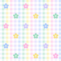 Rainbow Purple Blue Green Yellow Orange Pink Cute Daisy Flower Colorful Plaid Gingham Pattern Background Vector Cartoon Illustration Tablecloth, Picnic mat wrap paper, Mat, Fabric, Textile, Scarf.