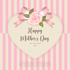 Happy mother's day botanic garden pink rose flower ribbon decoration and love heart card