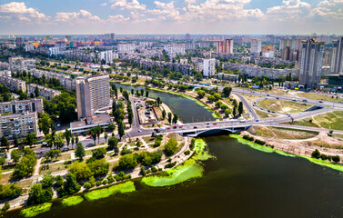 Fototapeta na wymiar Aerial view of Rusanivka district of Kyiv, the capital of Ukraine, before the conflict with Russia