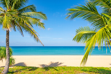 Amazing beautiful Phuket beach with coconut palm trees Thailand Landscapes view of sand beach sea and clear blue sky in summer season At Karon Beach Phuket Thailand