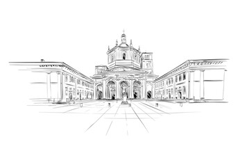 Naklejka premium Colonnade of San Lorenzo. Corso di Porta Ticinese, Milan. Italy. Hand drawn sketch. Vector illustration. 