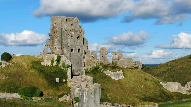 Aerial footage of Corfe Castle, Corfe, Isle of Purbeck, Dorset, England