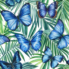 Obraz na płótnie Canvas Tropical background. Blue butterfly swallowtail. Seamless pattern for textile. Watercolor painting