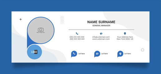 professional business email signature template with photo a photo place. Minimalist and creative design with white and blue color concept