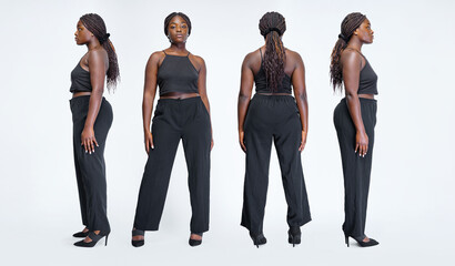 Photographing an African American woman from different angles, isolated on white background.